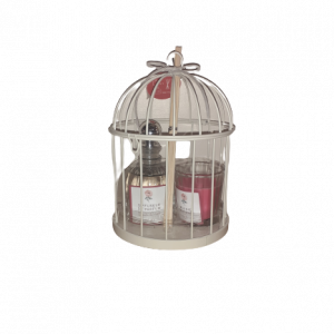 Petite cage blanche avec bougie et diffuseur de parfum à la rose