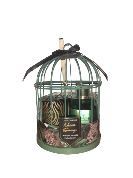Petite cage vert foncé avec bougie et diffuseur de parfum